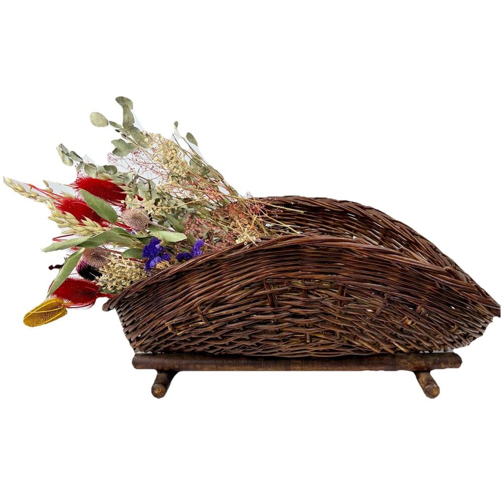Large Rustic Wicker Harvest Basket Wood Base Fire Log Holder Blanket Storage